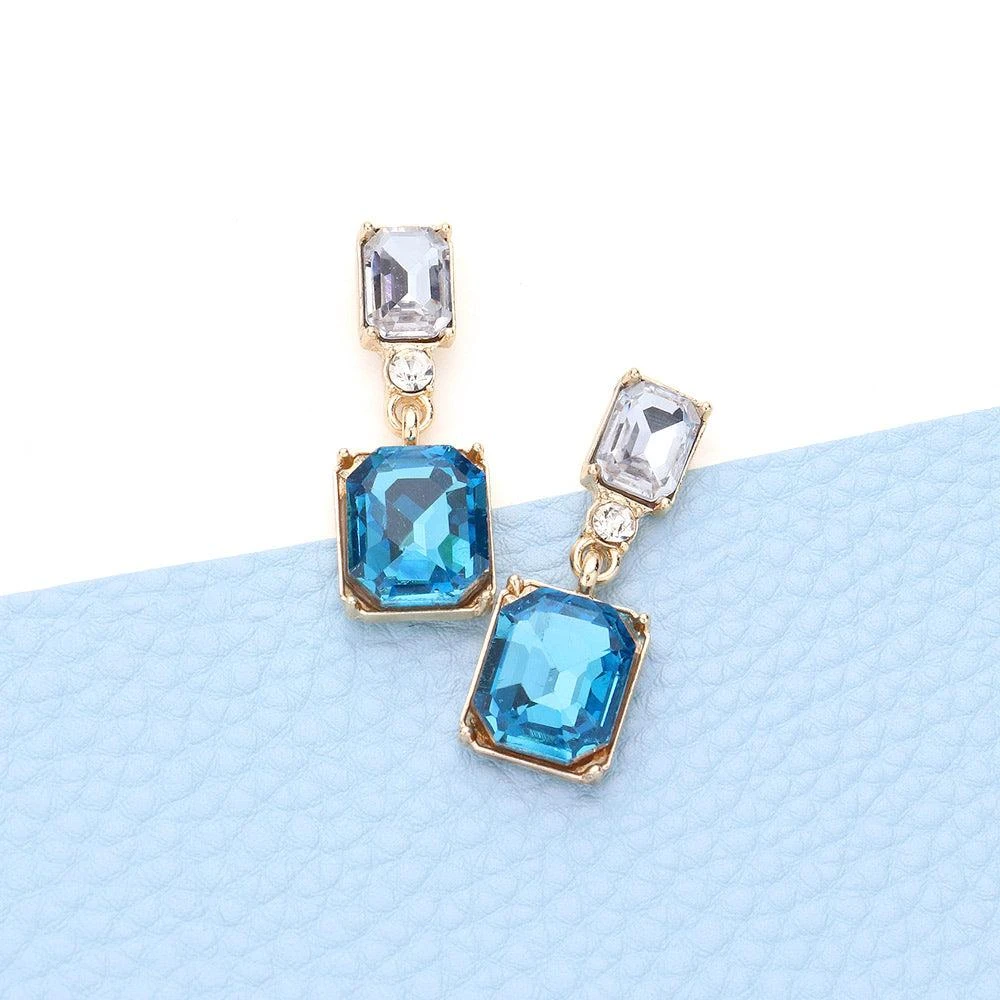 商品FASHNZFAB|Emerald Cut Stone Link Dangle Evening Earrings - Aqua,价格¥152,第1张图片详细描述