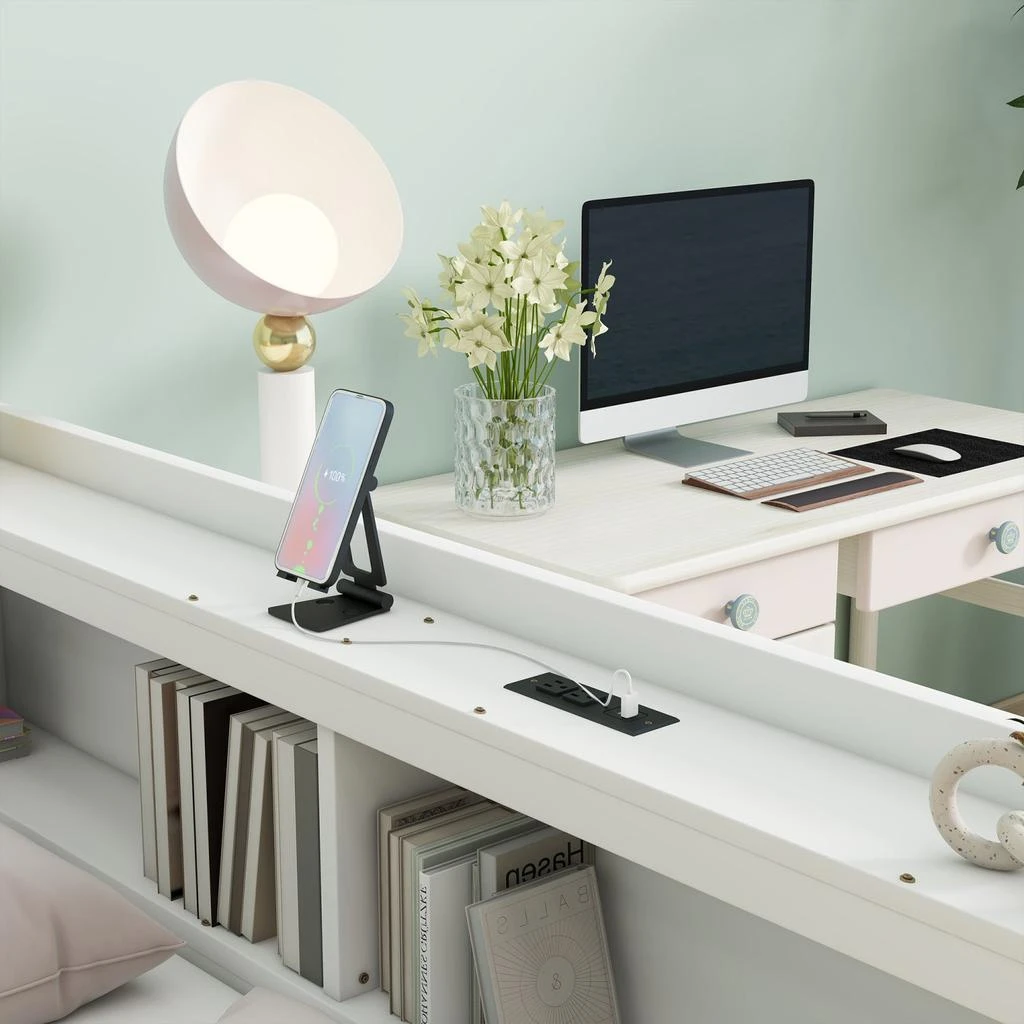 商品Streamdale Furniture|Streamdale L-Shaped Bookcase Bed with Power, USB & Drawers - White,价格¥6980,第4张图片详细描述