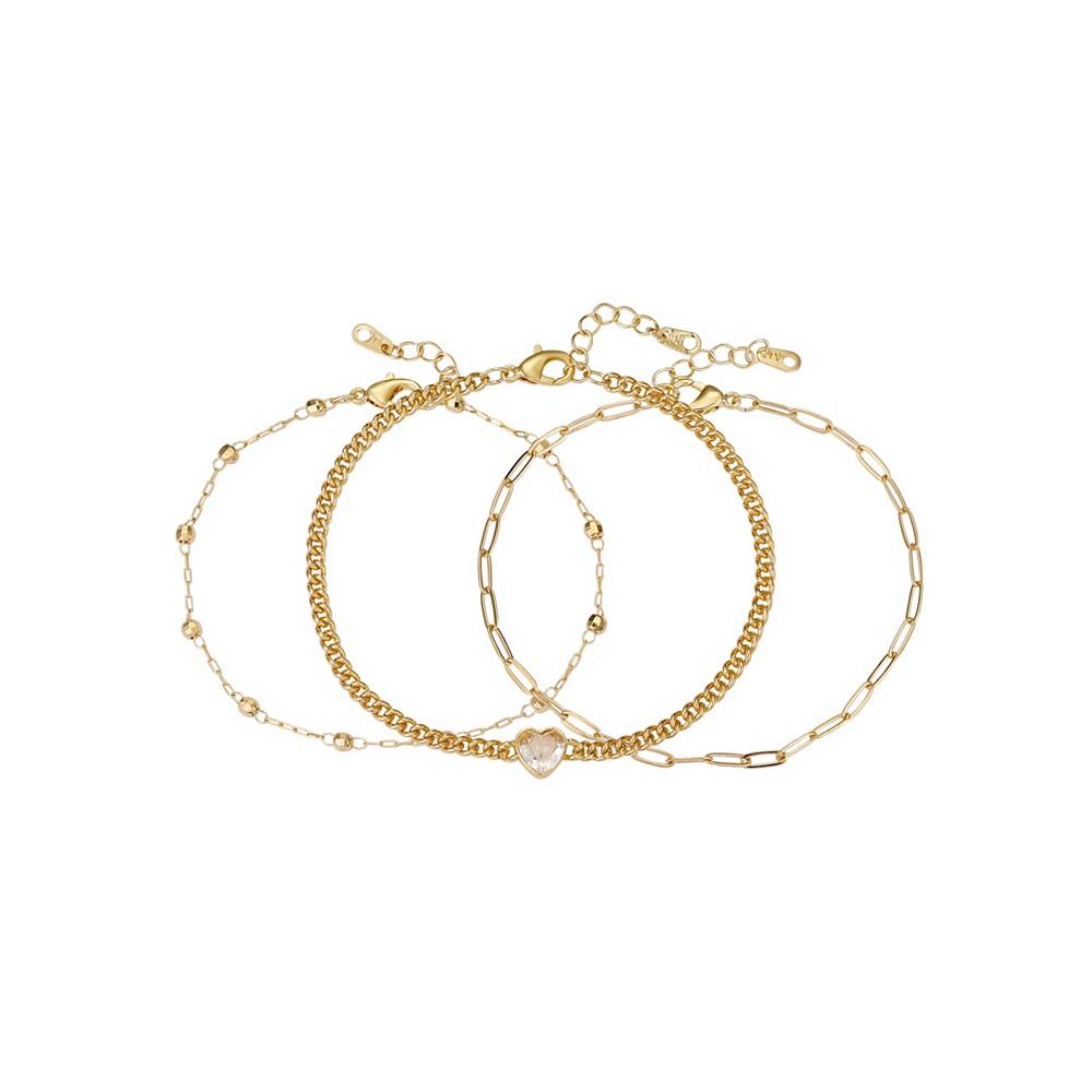 14K Gold Flash Plated Brass Cubic Zirconia Heart Chain Bracelet Trio with Extenders Set, 3 Piece商品第1张图片规格展示