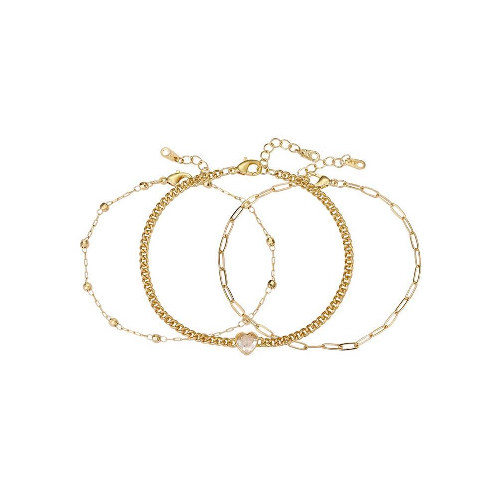 商品Unwritten|14K Gold Flash Plated Brass Cubic Zirconia Heart Chain Bracelet Trio with Extenders Set, 3 Piece,价格¥369,第1张图片