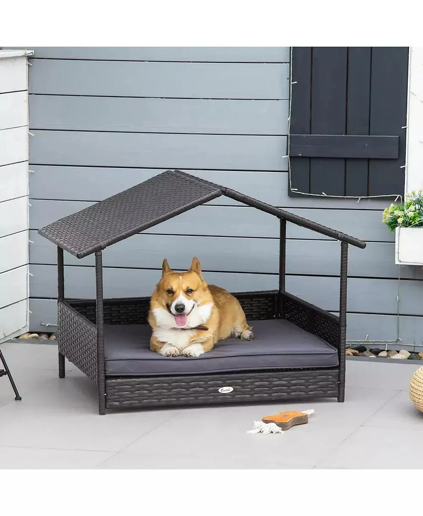 商品PawHut|Elevated Wicker Dog House, Raised Rattan Pet Bed Cabana Canopy, Grey,价格¥813,第2张图片详细描述