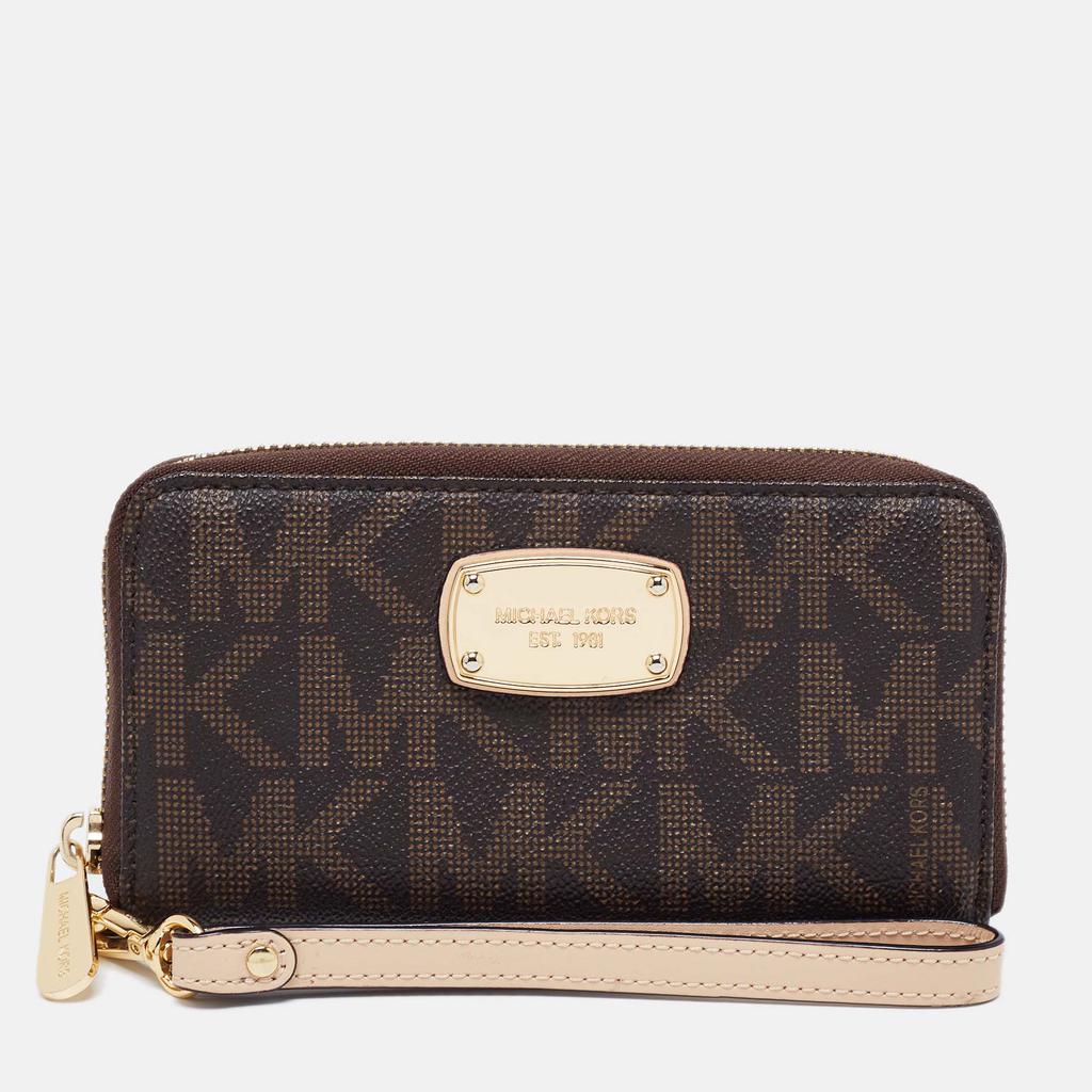 Michael Kors Brown Signature Coated Canvas Wristlet Zip Around Wallet商品第1张图片规格展示