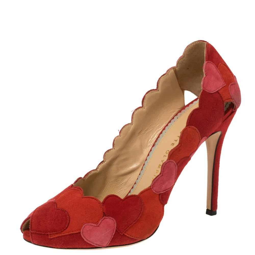 商品[二手商品] Charlotte Olympia|Charlotte Olympia Red/Pink Suede Love Me Heart-Appliquéd Pumps Size 38,价格¥1346,第1张图片