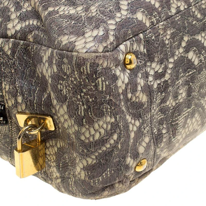 Prada Beige Talco Lace Print Cervo Leather Bowling Bag 商品