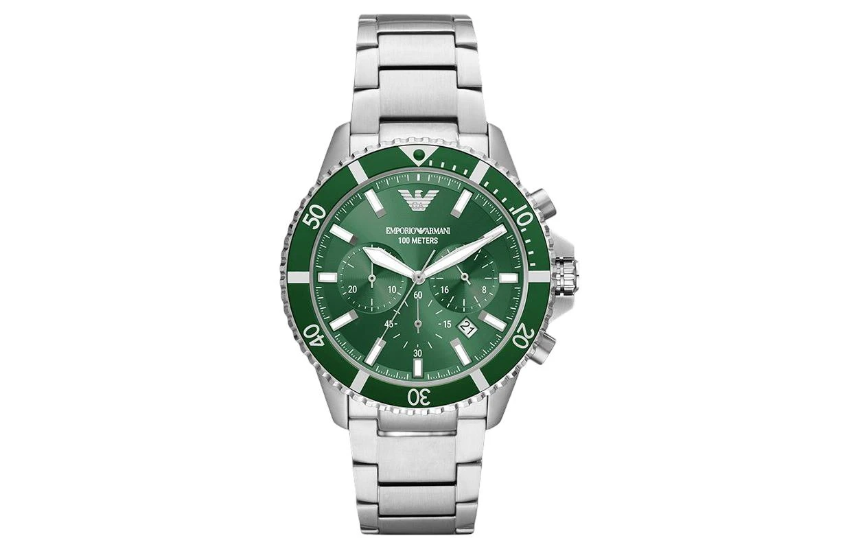 商品[国内直发] Emporio Armani|阿玛尼 腕表 石英机芯 不锈钢表带 43mm 绿色表盘 男表 阿玛尼绿水鬼多功能三眼计时,价格¥2393,第1张图片