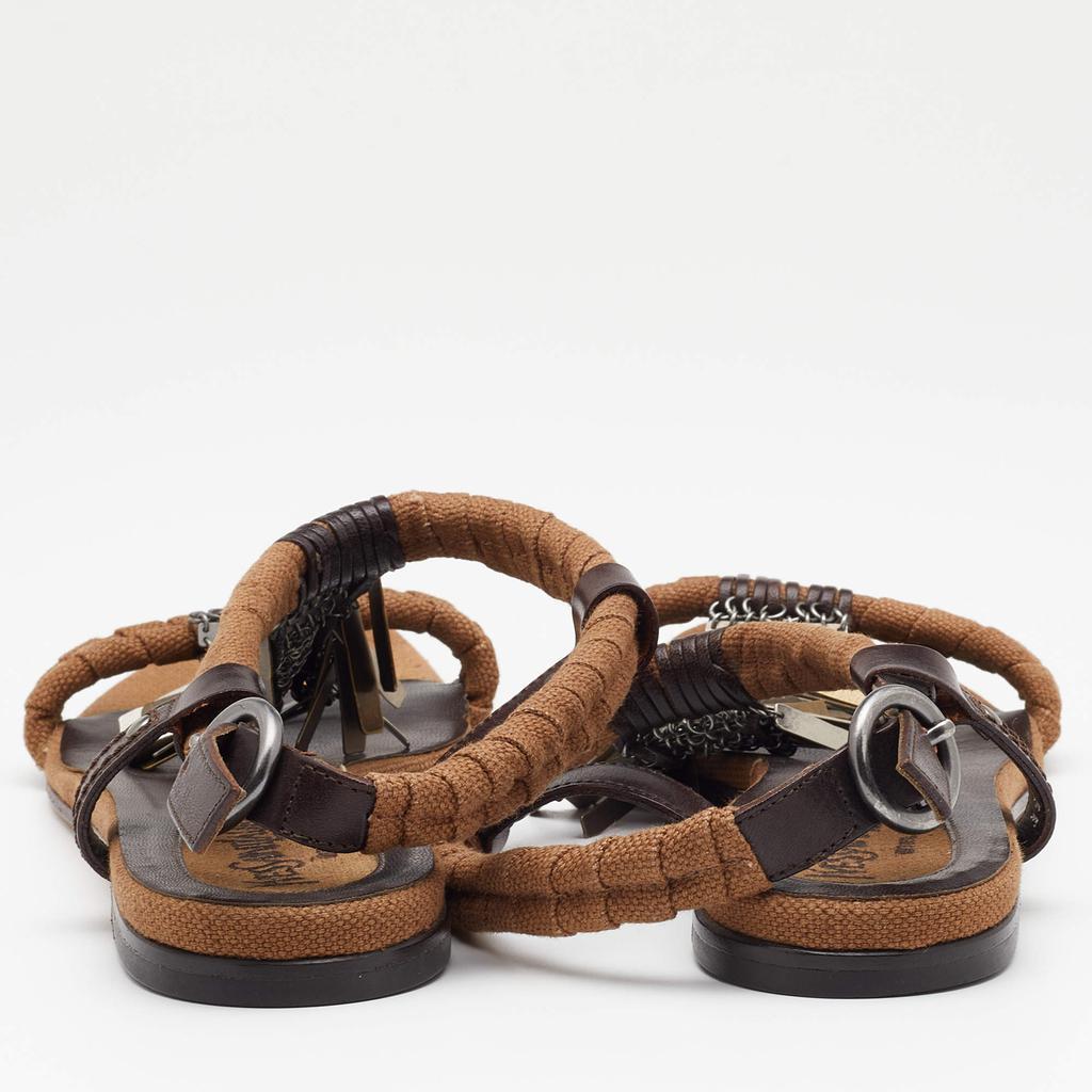 商品[二手商品] Yves Saint Laurent|Yves Saint Laurent Brown Canvas and Leather Embellished Flat Sandals Size 39,价格¥1885,第7张图片详细描述