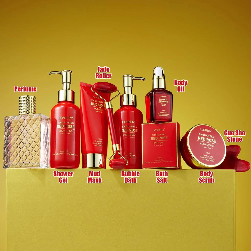 商品Lovery|Luxe 11pc Red Rose Bath and Body Set with Perfume, Jade Roller, Gua Sha & More,价格¥556,第2张图片详细描述