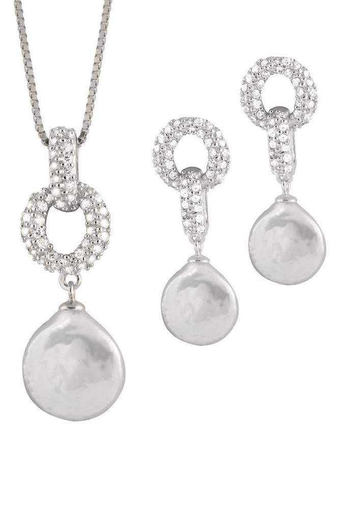 Rhodium Plated Sterling Silver 9-10mm Cultured Freshwater Pearl Earrings & Necklace 3-Piece Set商品第1张图片规格展示