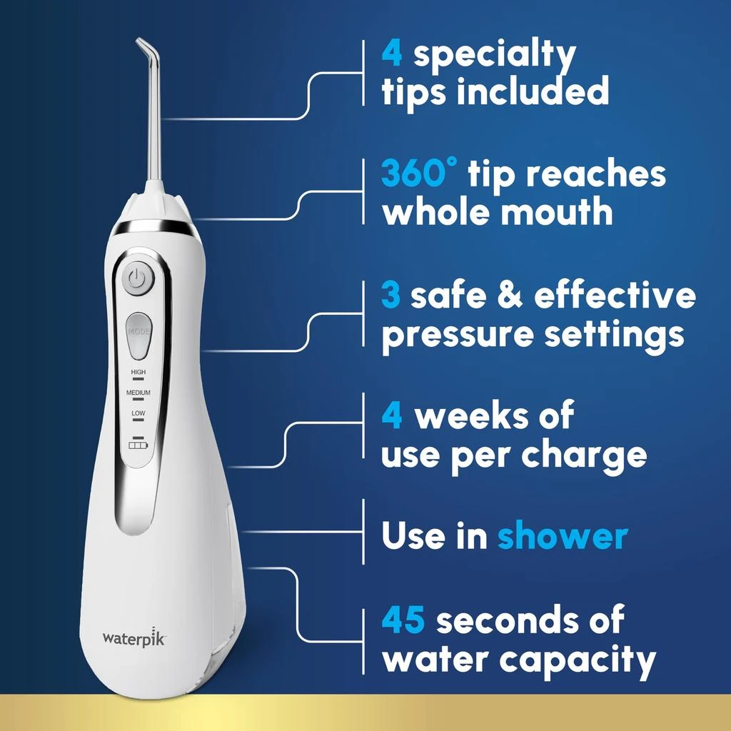 商品Waterpik|Waterpik Cordless Advanced 2.0 Water Flosser For Teeth, Gums, Braces, Dental Care With Travel Bag and 4 Tips, ADA Accepted, Rechargeable, Portable, and Waterproof, White WP-580, Packaging May Vary,价格¥557,第2张图片详细描述