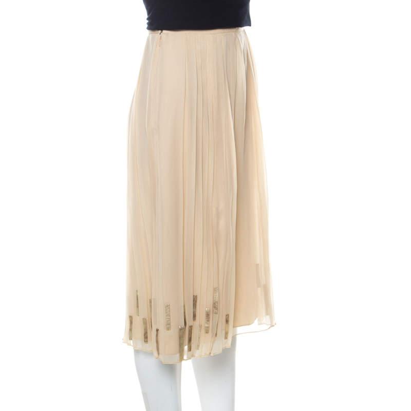 Elie Tahari Light Beige Pleated Silk and Gold Leather Trim Detail Midi Skirt L商品第2张图片规格展示