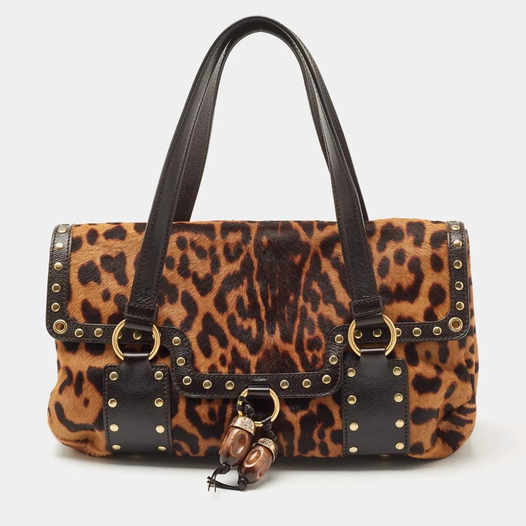 Yves Saint Laurent Brown Leopard Print Calfhair and Leather Studded Flap Satchel The Luxury Closet