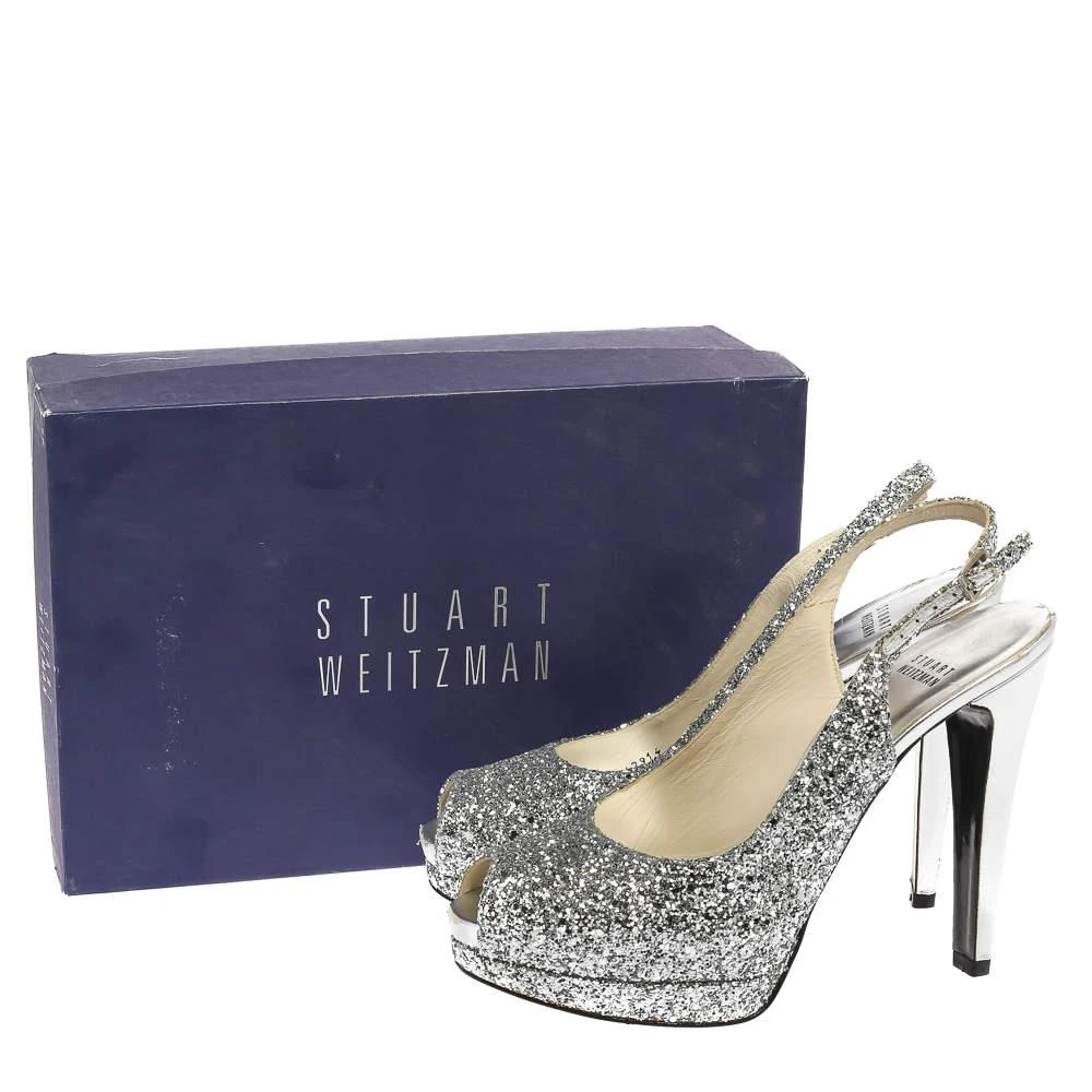 Stuart Weitzman Silver Coarse Glitter Peep Toe Slingback Sandals Size 38.5 商品