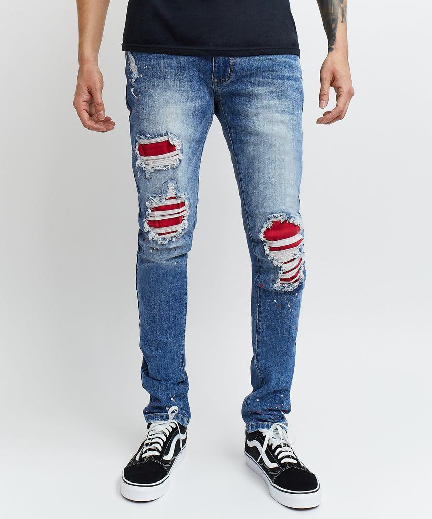商品Reason Clothing|Vincent Ripped Red Patched Slim Fit Denim Jeans,价格¥222,第1张图片
