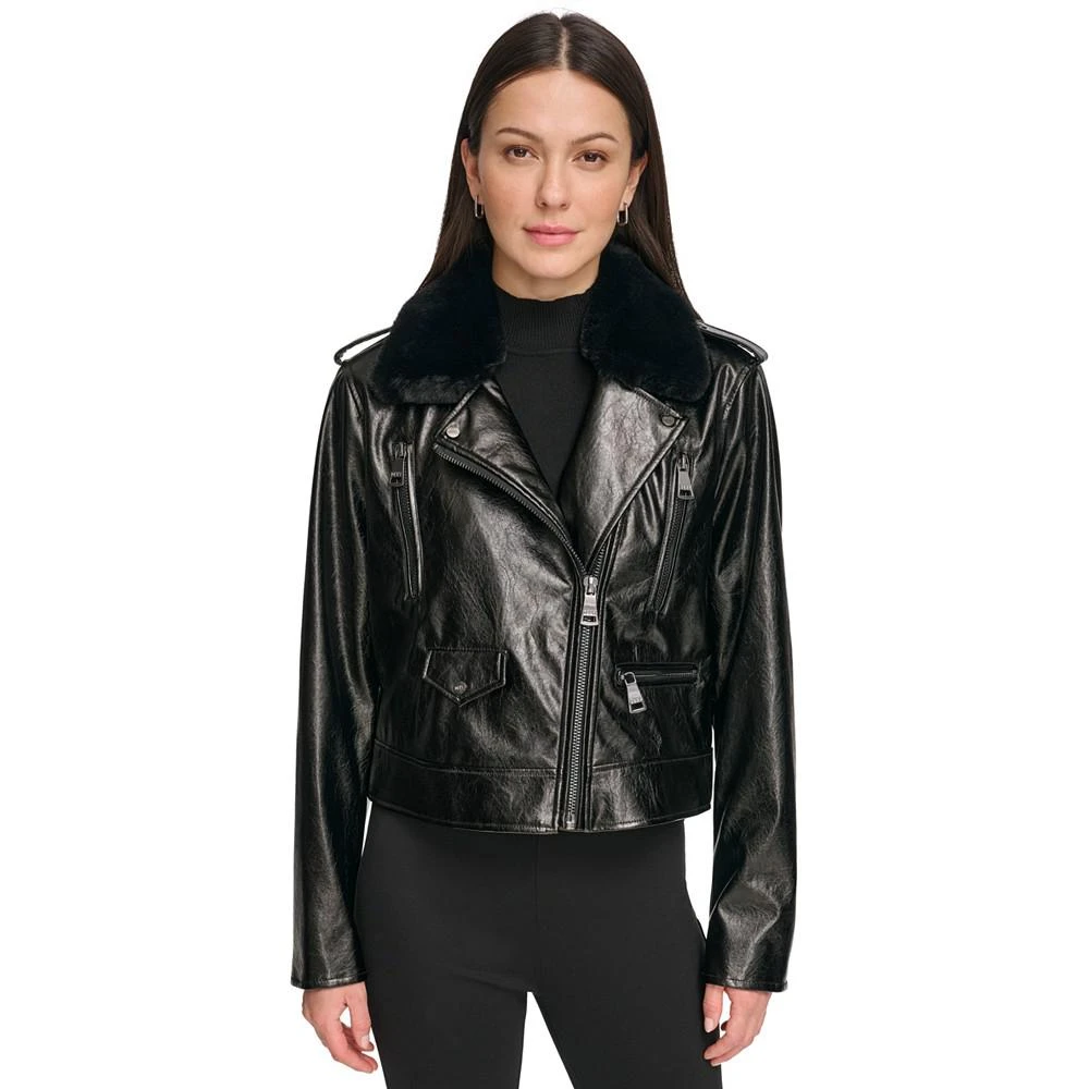 商品DKNY|Women's Crackle Faux-Leather Long-Sleeve Moto Jacket,价格¥255,第1张图片