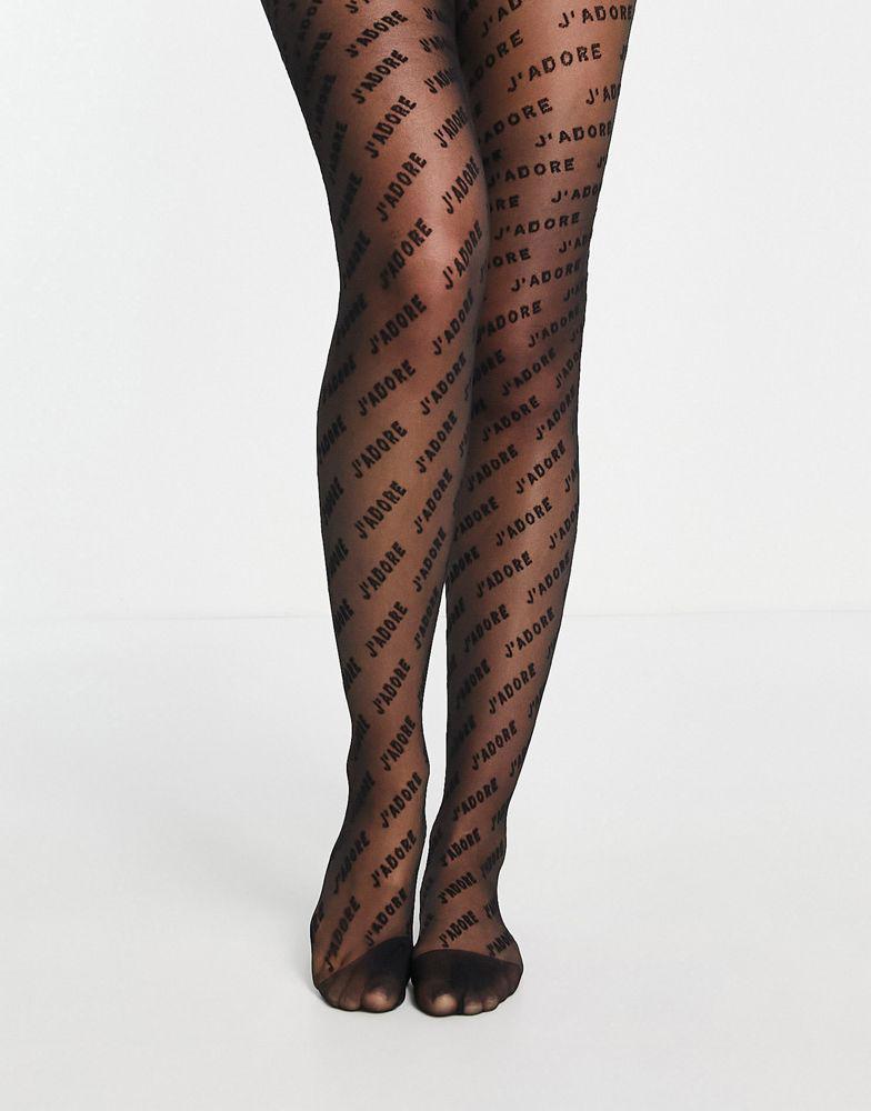 ASOS DESIGN J'adore slogan tights in black商品第3张图片规格展示