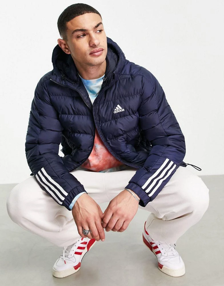 商品Adidas|adidas Outdoor puffer jacket with hood and three stripes in navy - BLACK,价格¥1199,第2张图片详细描述