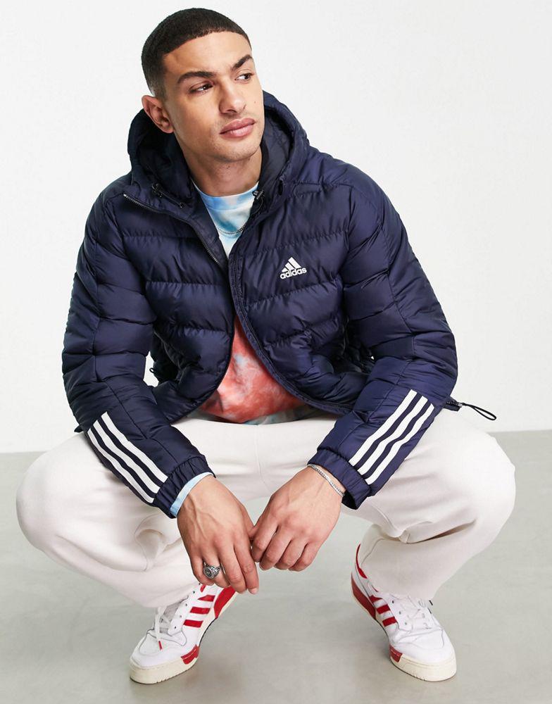 商品Adidas|adidas Outdoor puffer jacket with hood and three stripes in navy - BLACK,价格¥1018,第4张图片详细描述