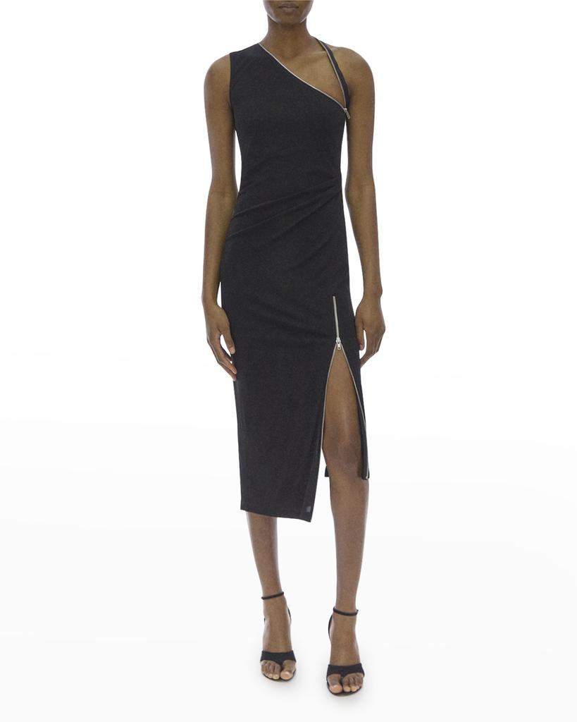 One-Shoulder Asymmetric Zipper Bodycon Midi Dress商品第1张图片规格展示
