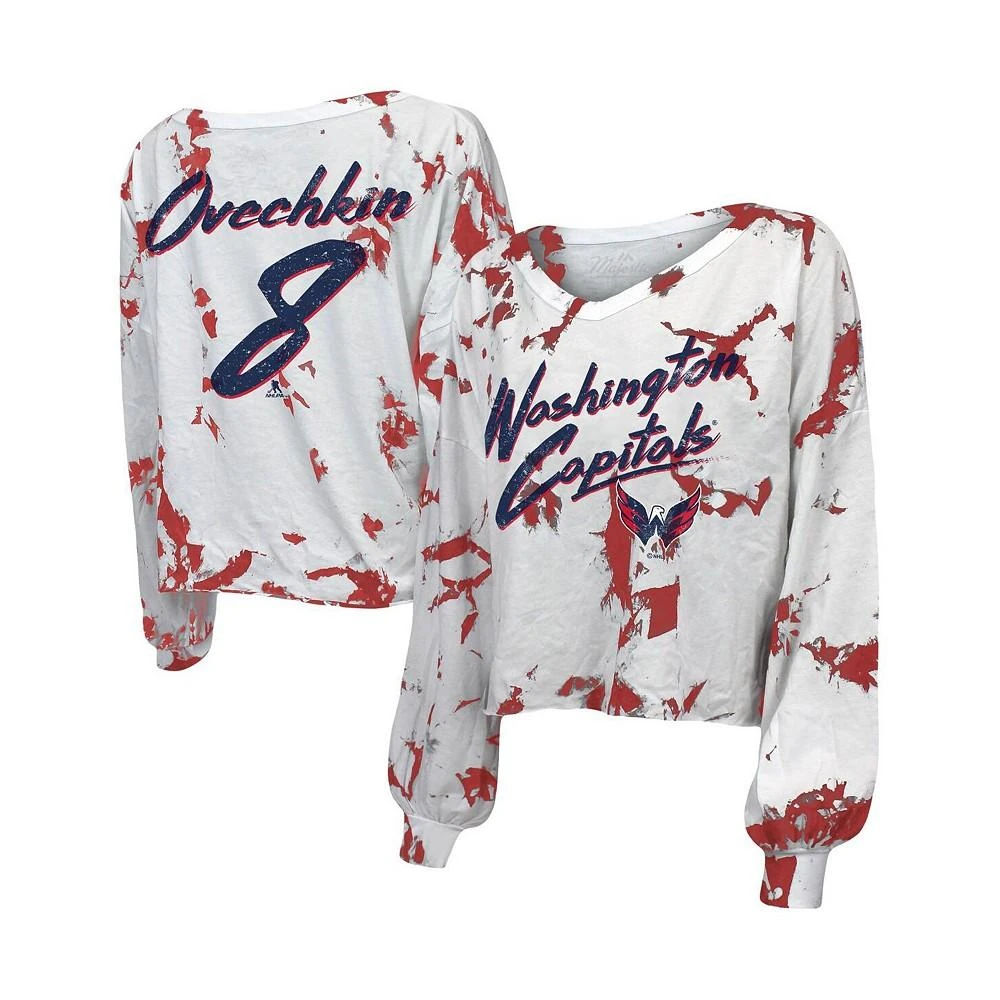 商品Majestic|Women's Threads Alexander Ovechkin White Washington Capitals Tie-Dye Name and Number V-Neck Long Sleeve T-shirt,价格¥445,第1张图片