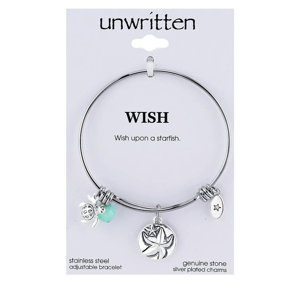 商品Unwritten|Wish Upon a Starfish Charm and Amazonite (8mm) Bangle Bracelet in Stainless Steel with Silver Plated Charms,价格¥105,第1张图片