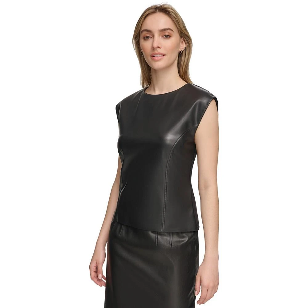 商品Calvin Klein|Women's Faux-Leather Cap Sleeve Top,价格¥362,第3张图片详细描述