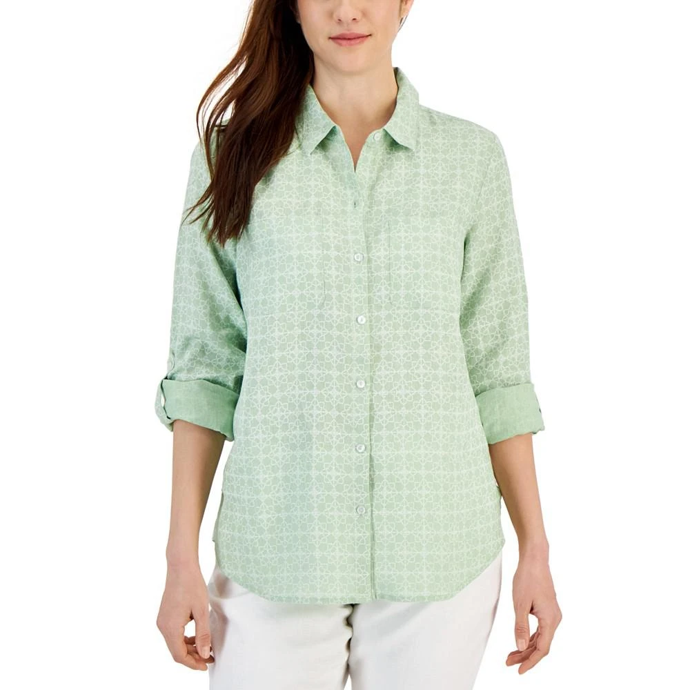 商品Charter Club|Women's 100% Linen Geo-Print Roll-Tab Shirt, Created for Macy's,价格¥218,第1张图片