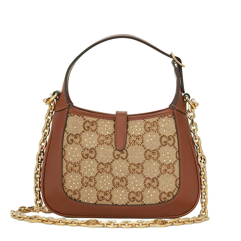 商品Gucci|【包税】GUCCI/古驰 22新款Jackie 1961系列 女士迷你棕色/乌木饰水晶装饰老花帆布配皮金扣金链单肩斜跨手提包67579921HRG2687,价格¥24933,第8张图片详细描述