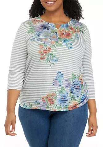 商品Alfred Dunner|Dunner Plus Size Stripe Asymmetric Floral Knit Top,价格¥167,第1张图片