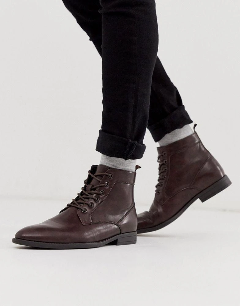 商品ASOS|ASOS DESIGN lace up boots in brown faux leather - BROWN,价格¥173,第1张图片