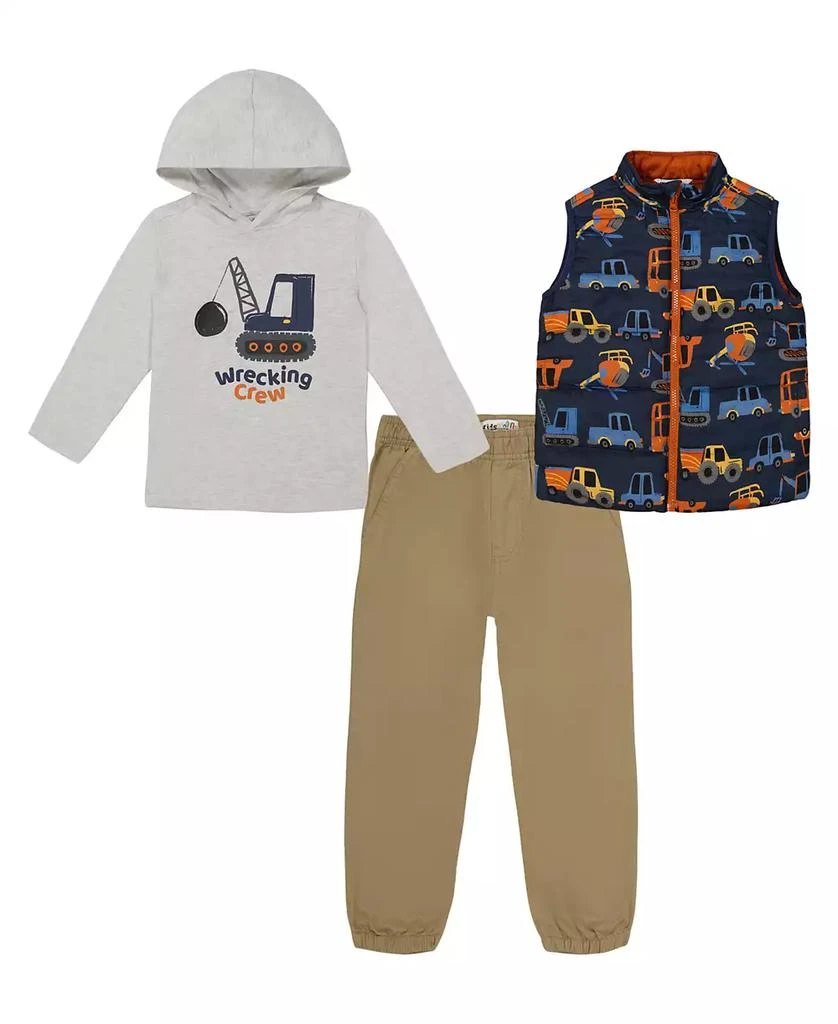 商品KIDS HEADQUARTERS|Toddler and Little Boys, Transport-Themed 3Peice Puffer Vest Twill Joggers Set,价格¥234,第1张图片