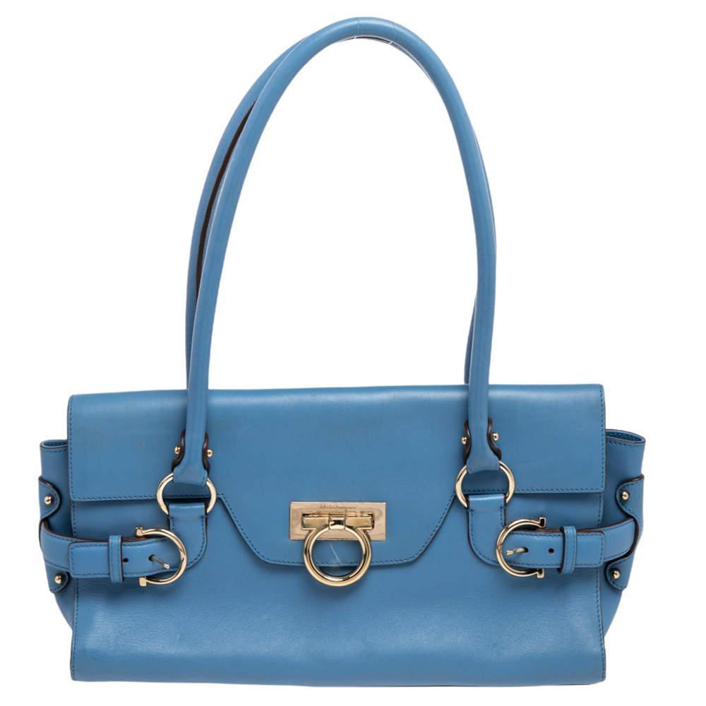 商品[二手商品] Salvatore Ferragamo|Salvatore Ferragamo Blue Leather Gancini Satchel,价格¥4229,第1张图片