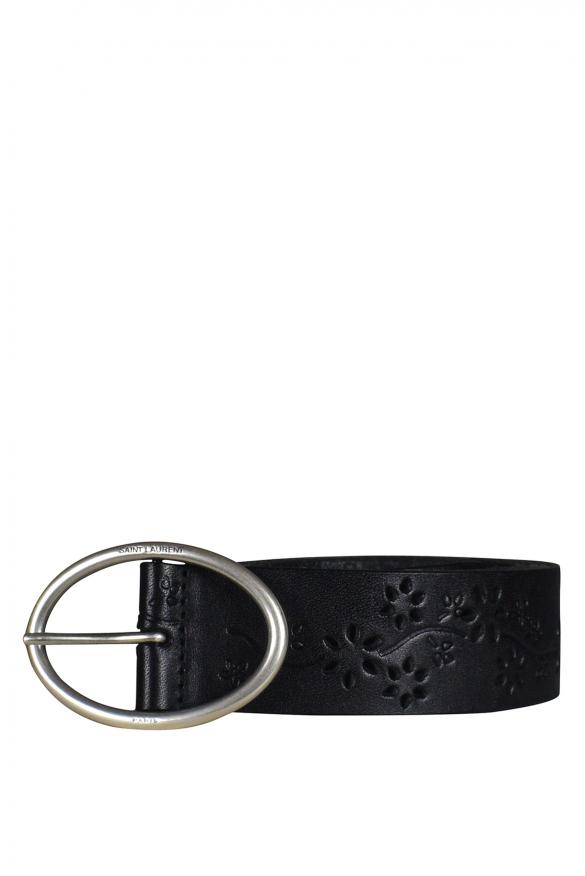 Luxury Belt   Saint Laurent Black Leather Belt With Floral Decoration商品第1张图片规格展示