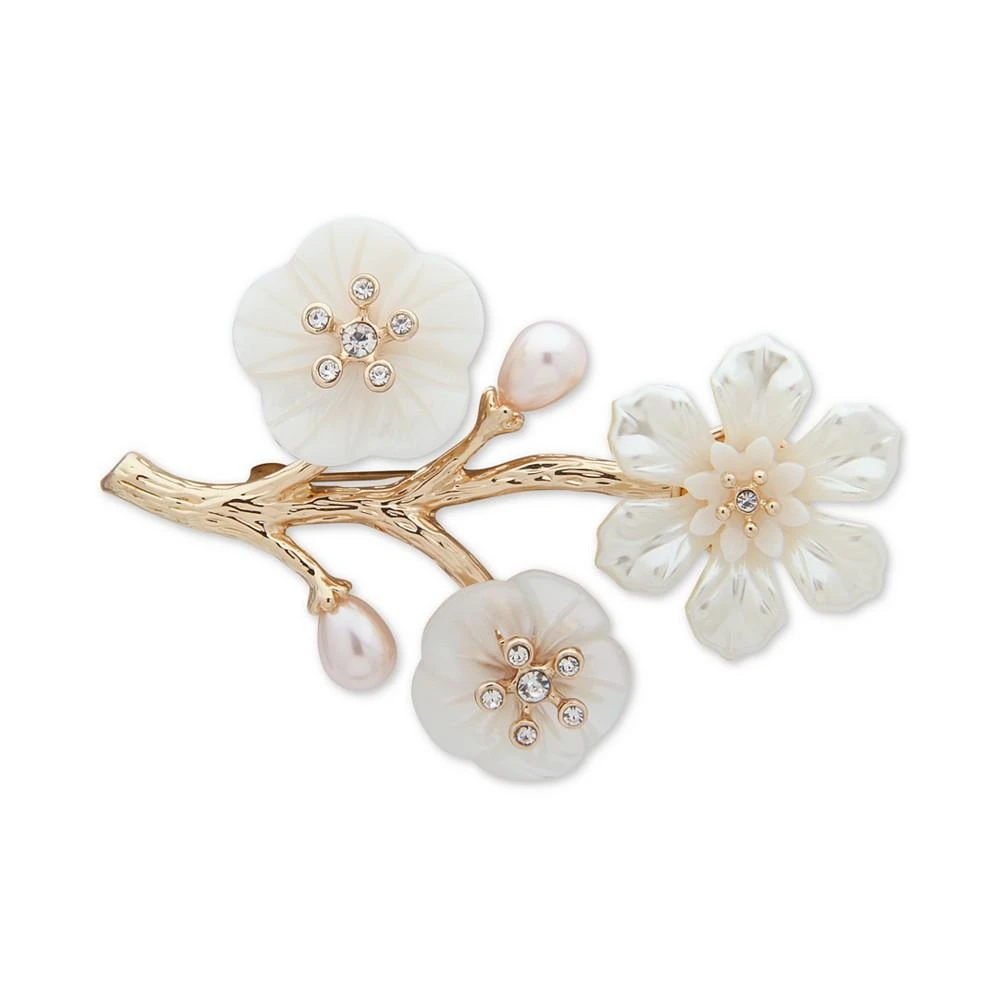 商品Anne Klein|Gold-Tone Pavé & Mother-of-Pearl Flower Branch Pin,价格¥167,第1张图片