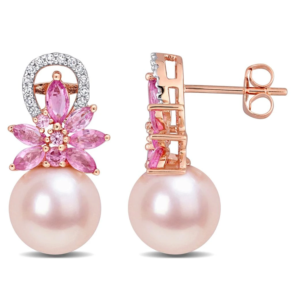 商品Mimi & Max|9-9.5 MM Pink Cultured Freshwater Pearl and Pink Sapphire and 1/8 CT TW Diamond Flower Drop Earrings in 14k Rose Gold,价格¥5173,第1张图片