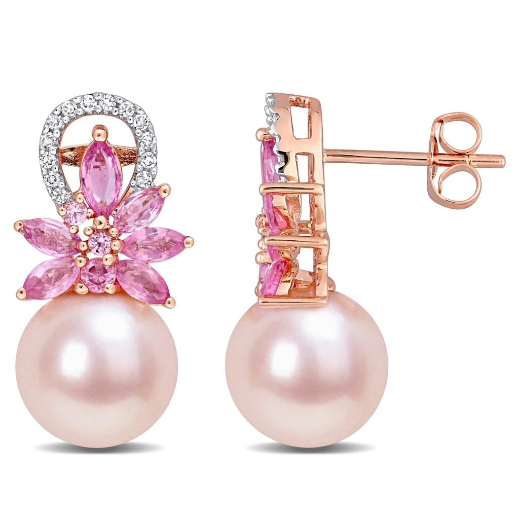 商品Mimi & Max|9-9.5 MM Pink Cultured Freshwater Pearl and Pink Sapphire and 1/8 CT TW Diamond Flower Drop Earrings in 14k Rose Gold,价格¥5515,第1张图片