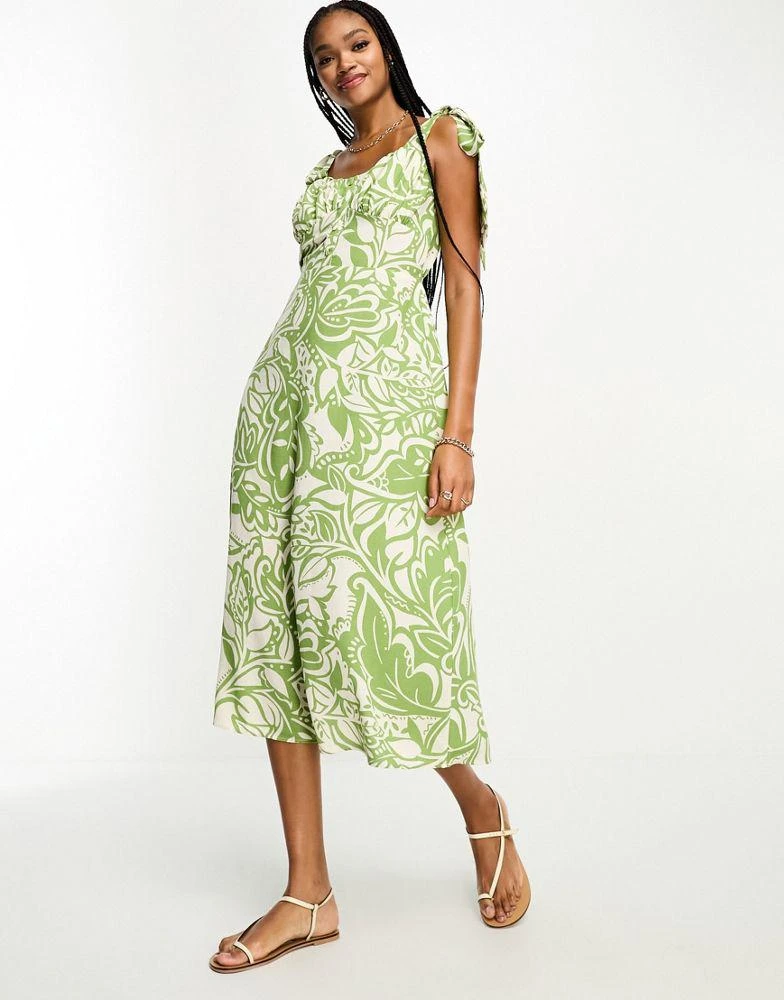 商品River Island Tall|River Island Tall tie shoulder button front midi dress in green floral,价格¥335,第4张图片详细描述