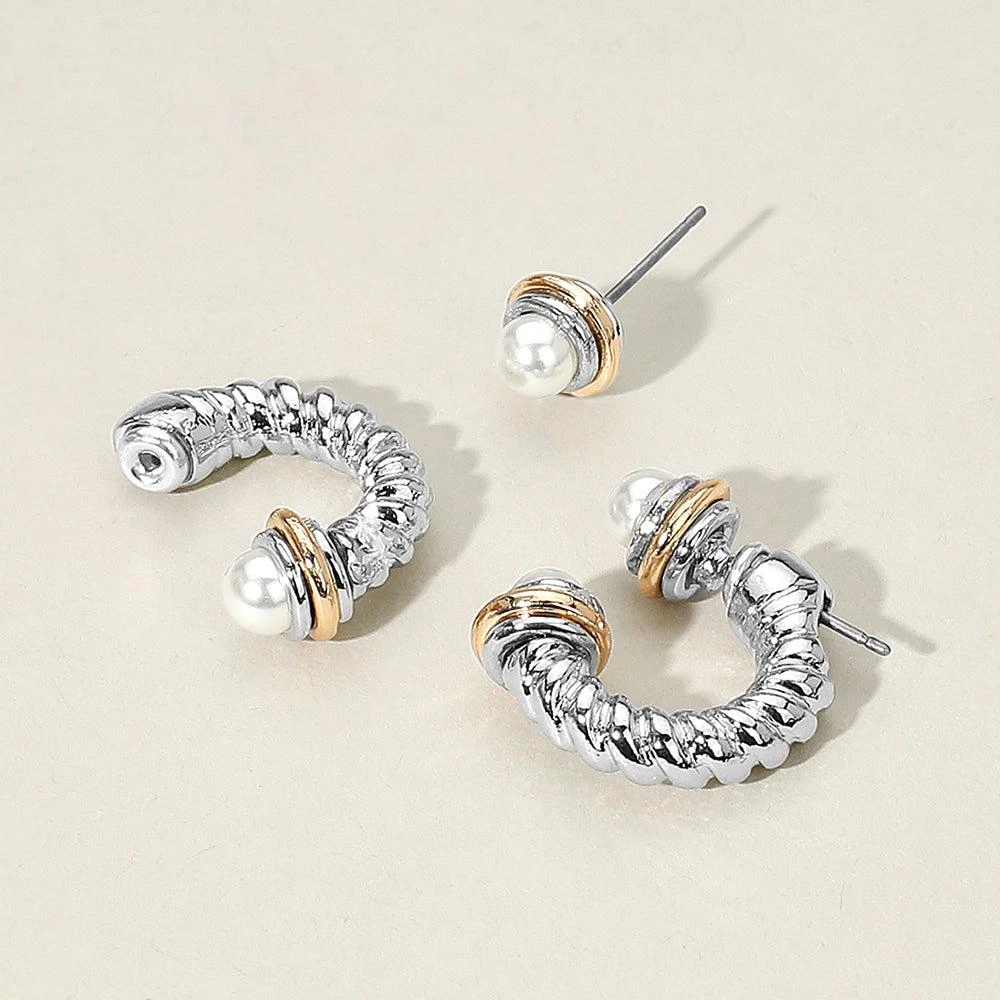 商品FASHNZFAB|Pearl Tip Two Tone Twisted Metal Ear Jacket Earrings - Cream, Rhodium,价格¥195,第1张图片详细描述