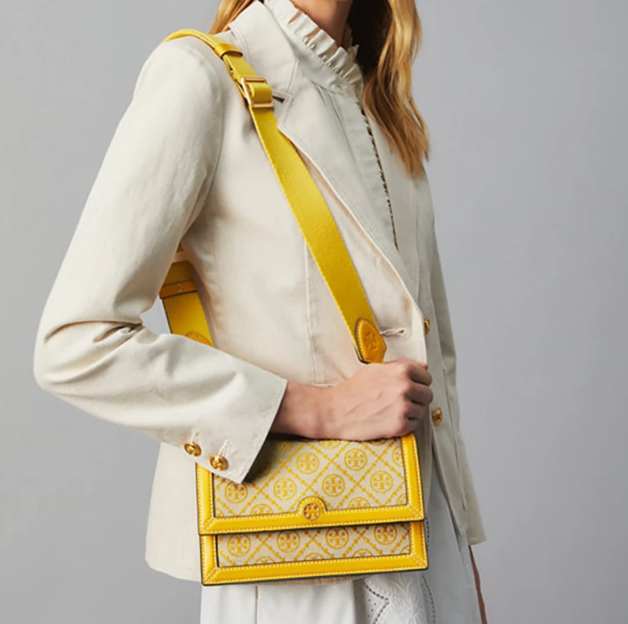 托里·伯奇TORY BURCH 奢侈品 TB 女士女士经典印花黄色帆布配皮单肩斜挎包风琴包 81000-703 商品