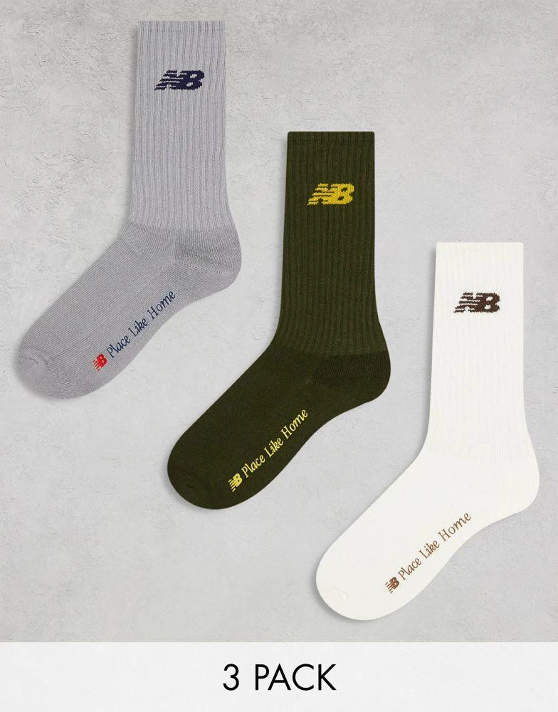 商品New Balance|New Balance NB Place like Home 3 pack crew socks in white, grey and khaki,价格¥146,第1张图片