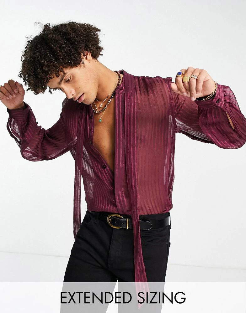 商品ASOS|ASOS DESIGN sheer stripe shirt with tie neck and blouson sleeve in aubergine,价格¥192,第1张图片