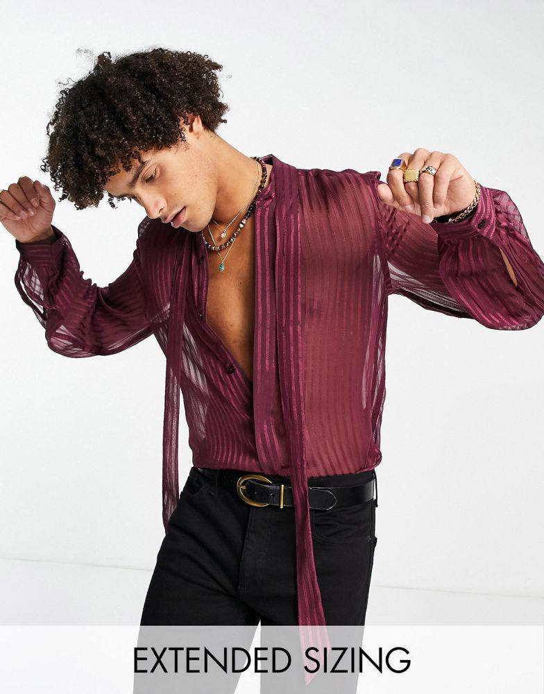 商品ASOS|ASOS DESIGN sheer stripe shirt with tie neck and blouson sleeve in aubergine,价格¥227,第1张图片