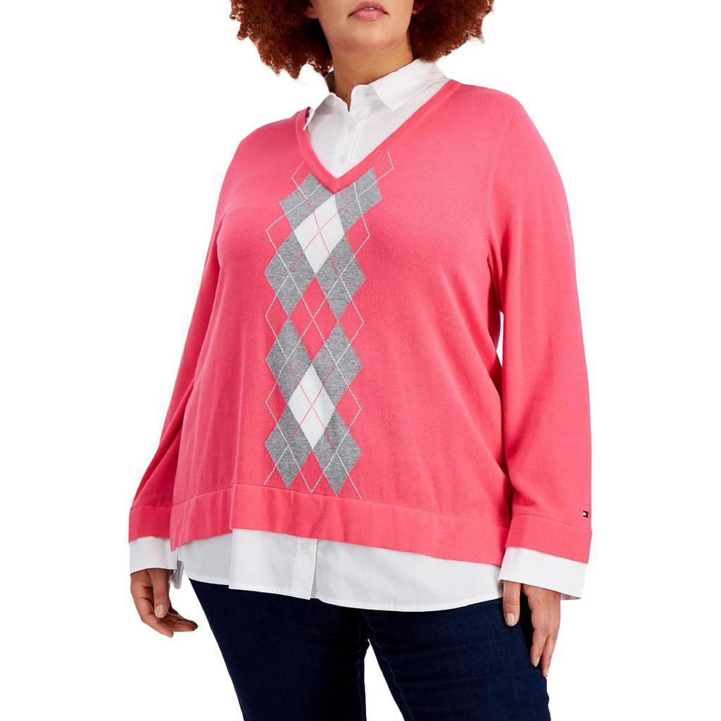 商品Tommy Hilfiger|Tommy Hilfiger Womens Plus Argyle Layered Pullover Sweater,价格¥338,第1张图片