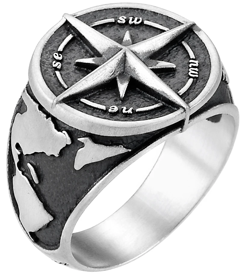 商品Zancan|Silver ring with compass rose on the top and globe engraved on the sides.,价格¥1151,第1张图片