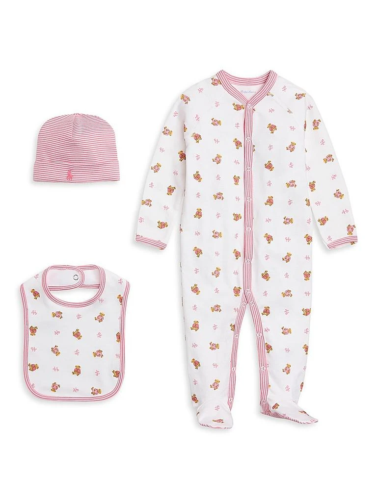 商品Ralph Lauren|Baby Girl's Polo Bear Print Footie, Beanie & Bib Set,价格¥558,第1张图片
