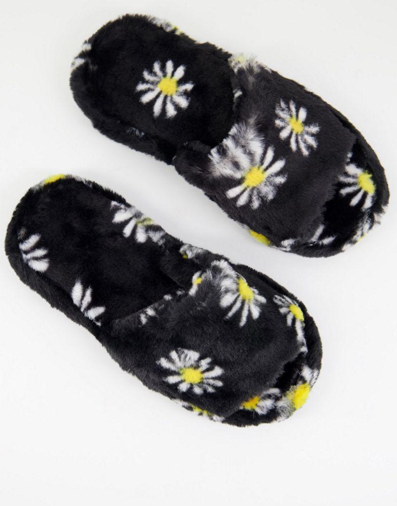商品ASOS|ASOS DESIGN Zane chunky slider slippers in black floral,价格¥48,第1张图片