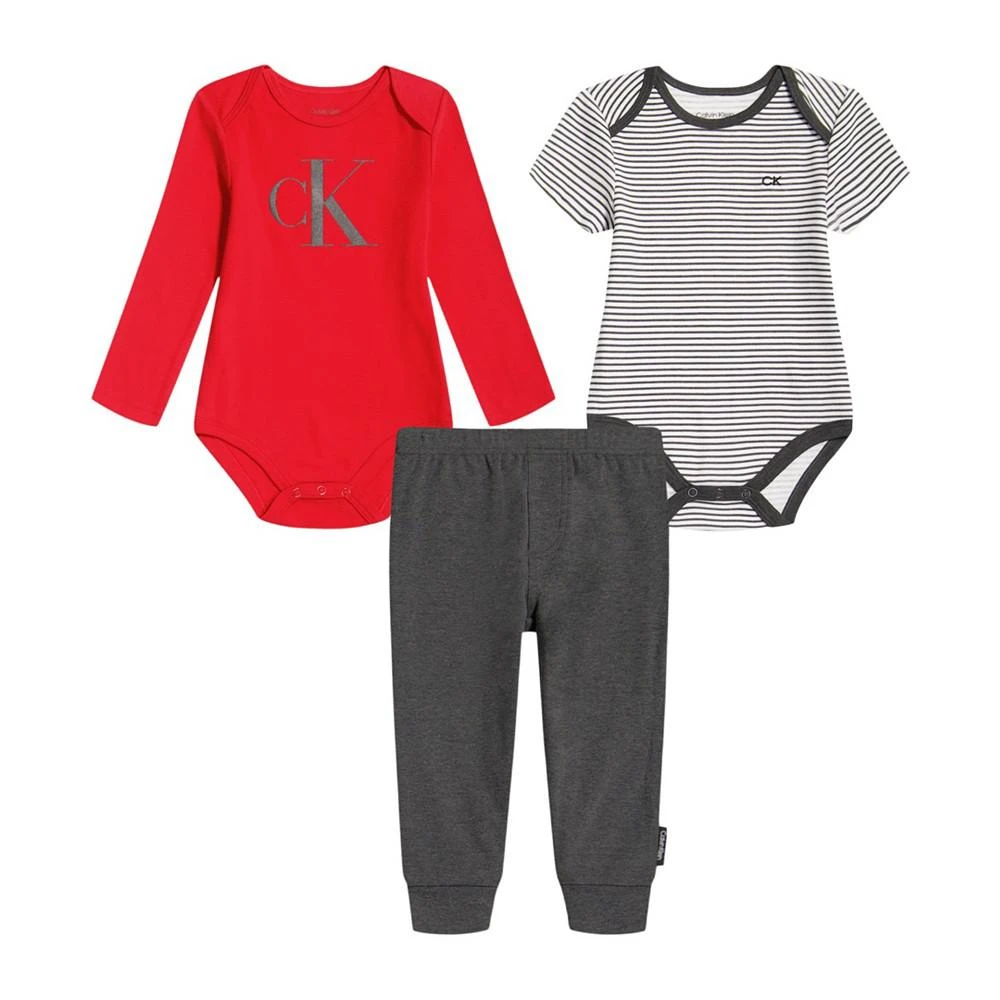商品Calvin Klein|Baby Boys Logo Printed Bodysuits and Joggers, 3 Piece Set,价格¥353,第1张图片