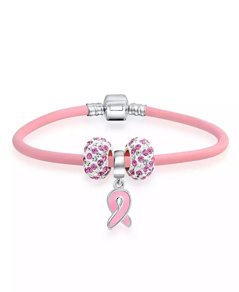 商品Bling Jewelry|Support Breast Cancer Survivor Pink Ribbon Bead Charm Pink Leather Bracelet .925 Silver,价格¥416,第1张图片