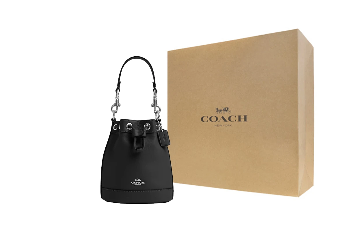 商品[国内直发] Coach|蔻驰 Bucket 13 抽绳封口 牛皮 水桶包手提单肩斜挎包 迷你 女款 银色拼黑色,价格¥1305,第7张图片详细描述