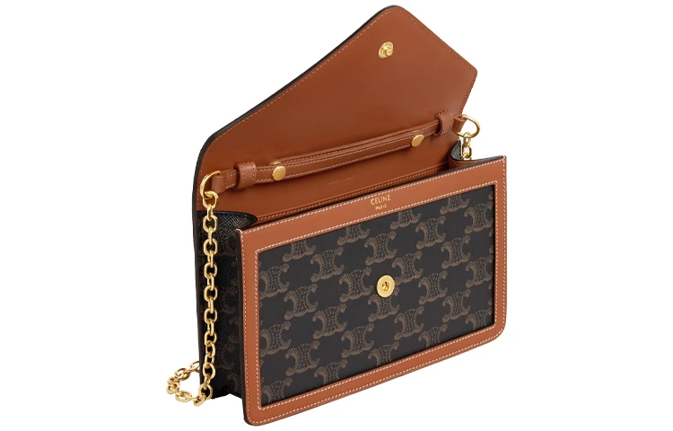 商品[国内直发] Celine|赛琳 Triomphe凯旋门金属标志经典老花满印印花链条 帆布拼羊皮革 钱包单肩包斜挎包 常规 女款 黄褐色,价格¥11621,第4张图片详细描述