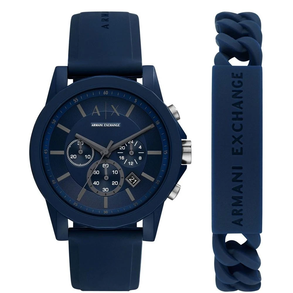 商品Armani Exchange|Men's Chronograph Blue Silicone Strap Watch 44mm and Bracelet Gift Set,价格¥869,第1张图片